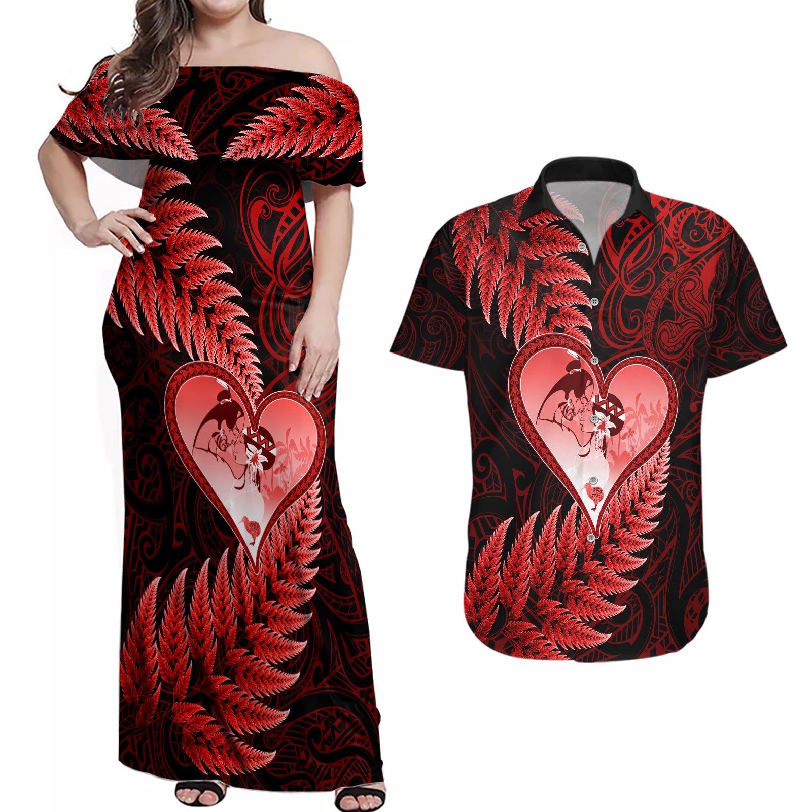 New Zealand Valentine Day Couples Matching Off Shoulder Maxi Dress and Hawaiian Shirt Aotearoa Warrior and Woman Love Story Silver Fern Koru Red Style LT03 Red - Polynesian Pride