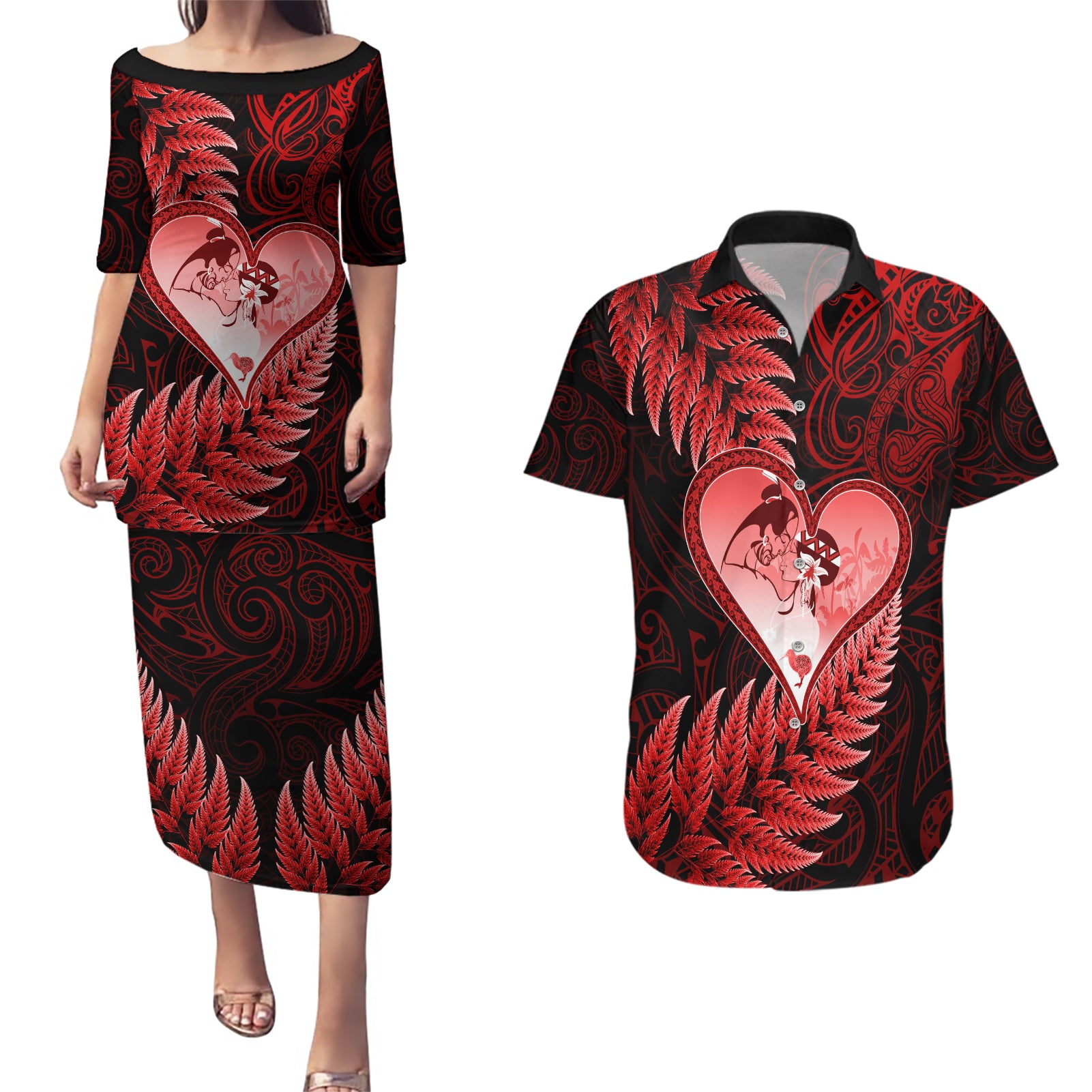 New Zealand Valentine Day Couples Matching Puletasi and Hawaiian Shirt Aotearoa Warrior and Woman Love Story Silver Fern Koru Red Style LT03 Red - Polynesian Pride