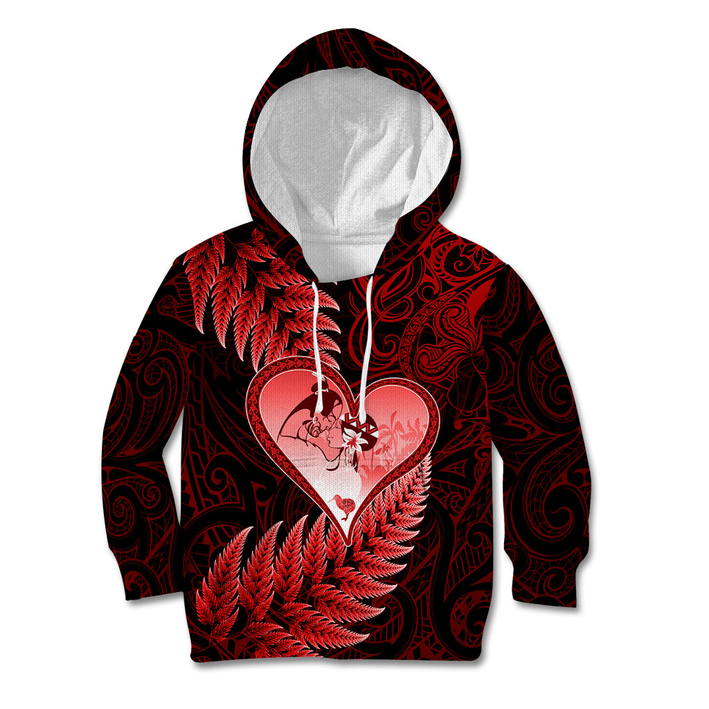 New Zealand Valentine Day Kid Hoodie Aotearoa Warrior and Woman Love Story Silver Fern Koru Red Style LT03 Hoodie Red - Polynesian Pride