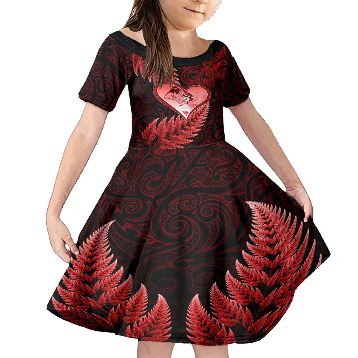 New Zealand Valentine Day Kid Short Sleeve Dress Aotearoa Warrior and Woman Love Story Silver Fern Koru Red Style LT03 KID Red - Polynesian Pride