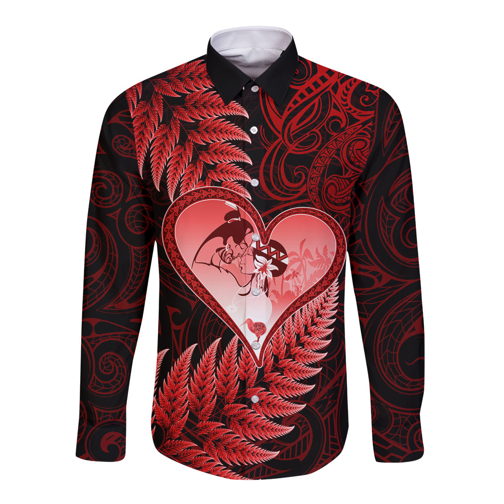 New Zealand Valentine Day Long Sleeve Button Shirt Aotearoa Warrior and Woman Love Story Silver Fern Koru Red Style LT03 Unisex Red - Polynesian Pride