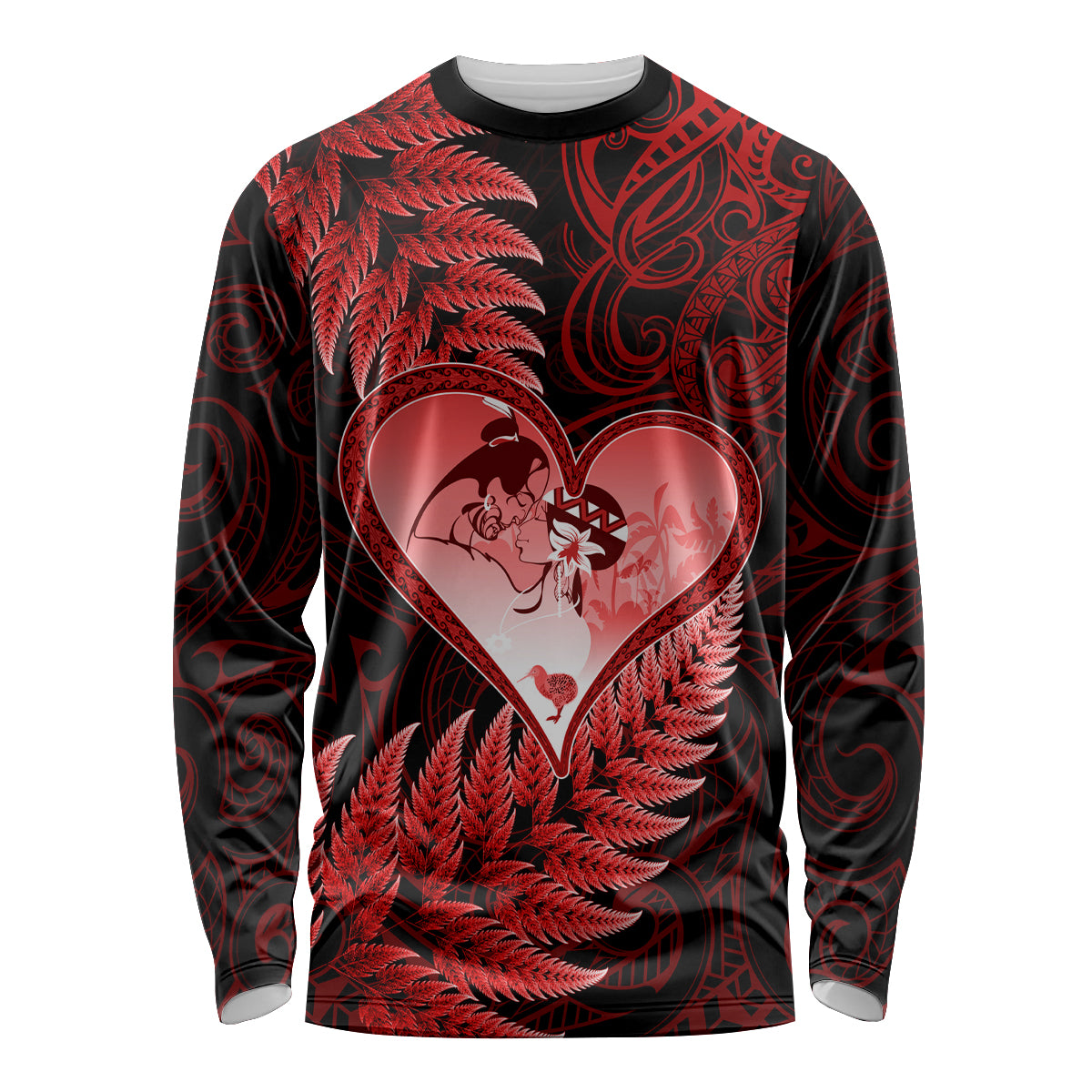 New Zealand Valentine Day Long Sleeve Shirt Aotearoa Warrior and Woman Love Story Silver Fern Koru Red Style LT03 Unisex Red - Polynesian Pride