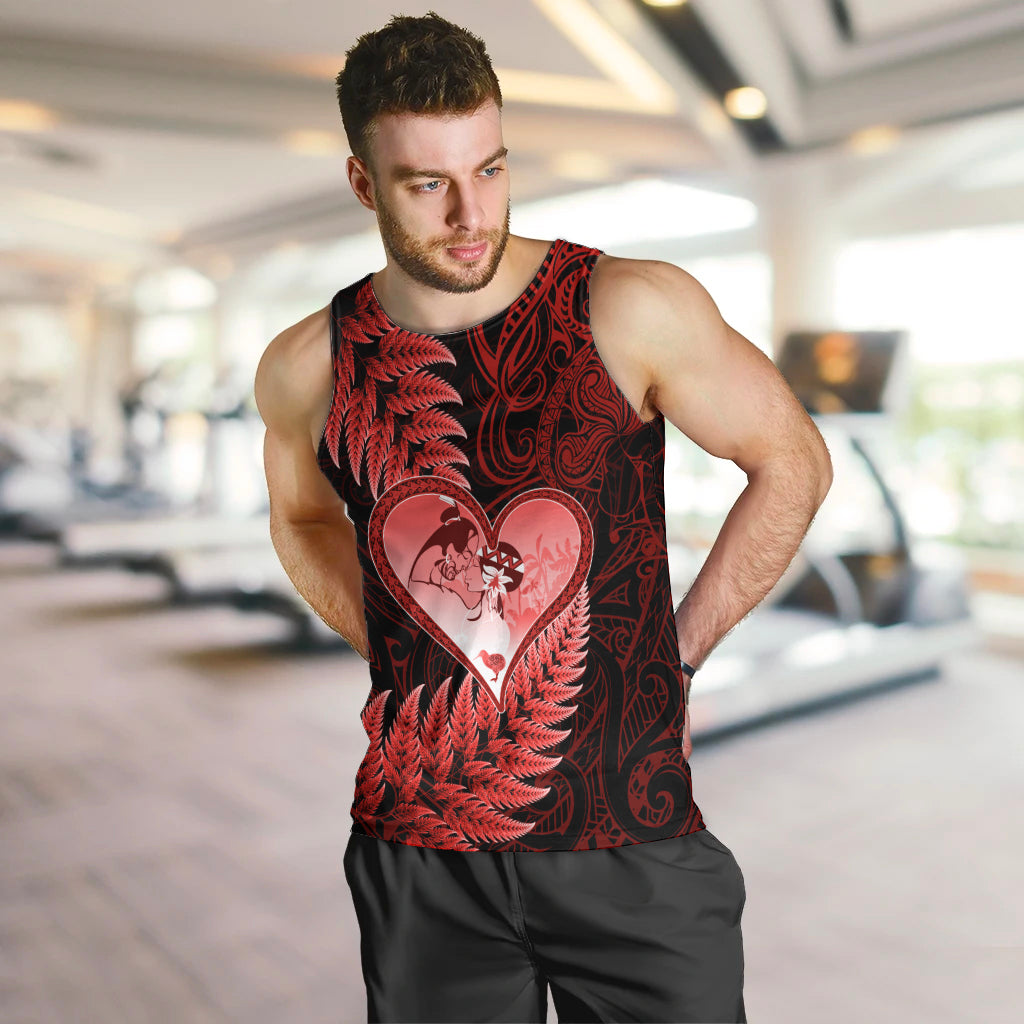 New Zealand Valentine Day Men Tank Top Aotearoa Warrior and Woman Love Story Silver Fern Koru Red Style LT03 Red - Polynesian Pride