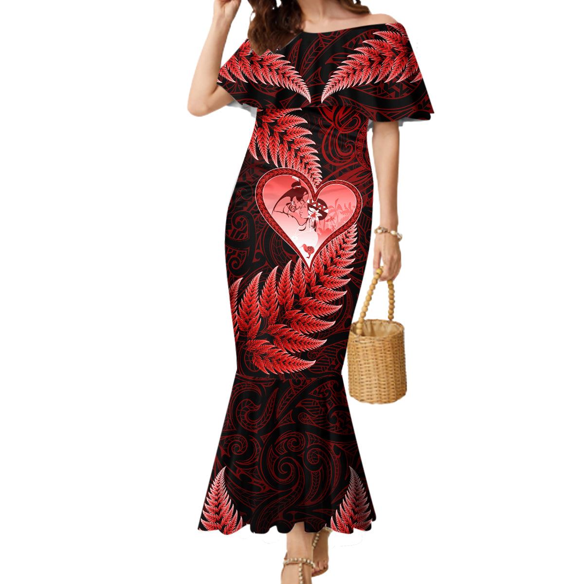 New Zealand Valentine Day Mermaid Dress Aotearoa Warrior and Woman Love Story Silver Fern Koru Red Style LT03 Women Red - Polynesian Pride