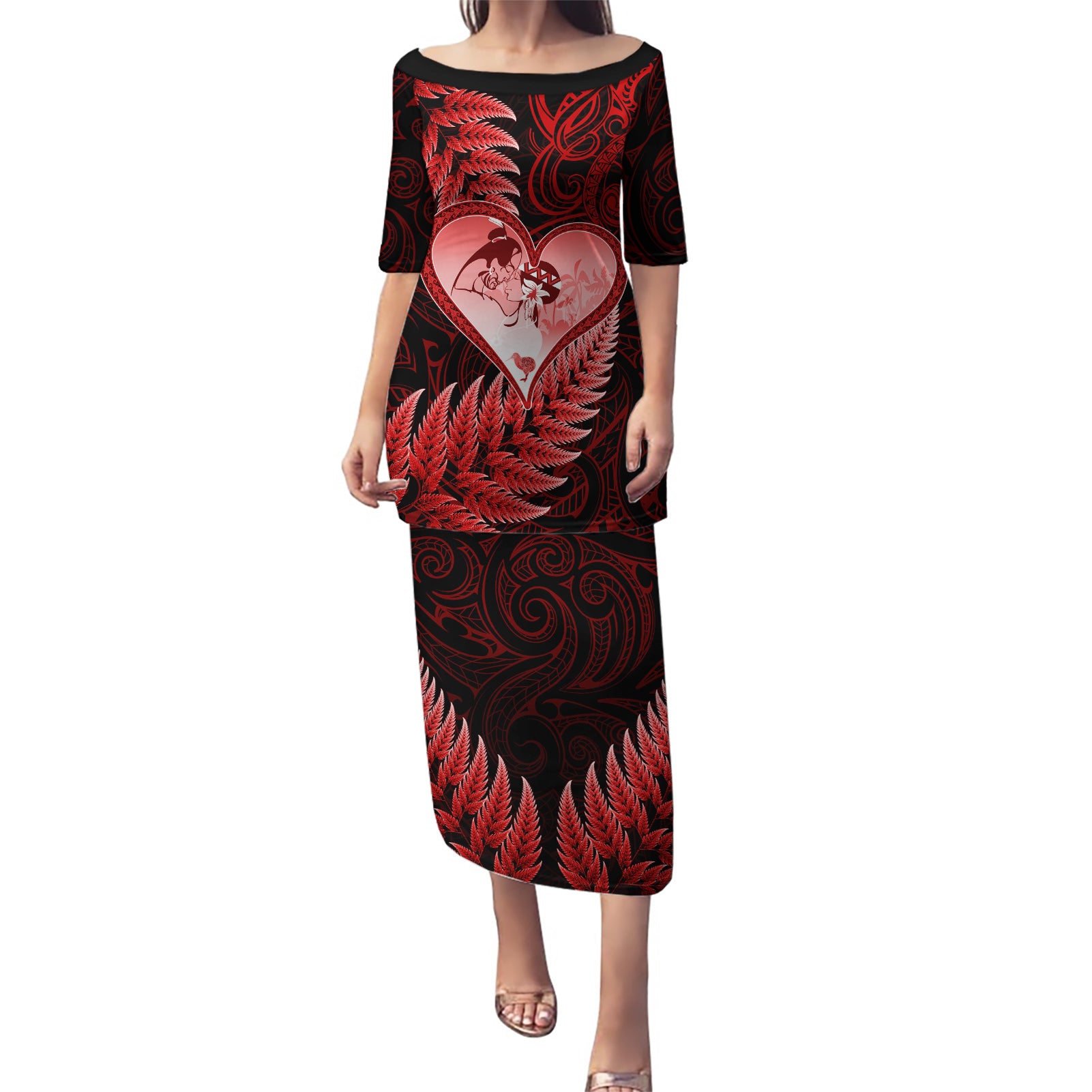 New Zealand Valentine Day Puletasi Aotearoa Warrior and Woman Love Story Silver Fern Koru Red Style LT03 Long Dress Red - Polynesian Pride