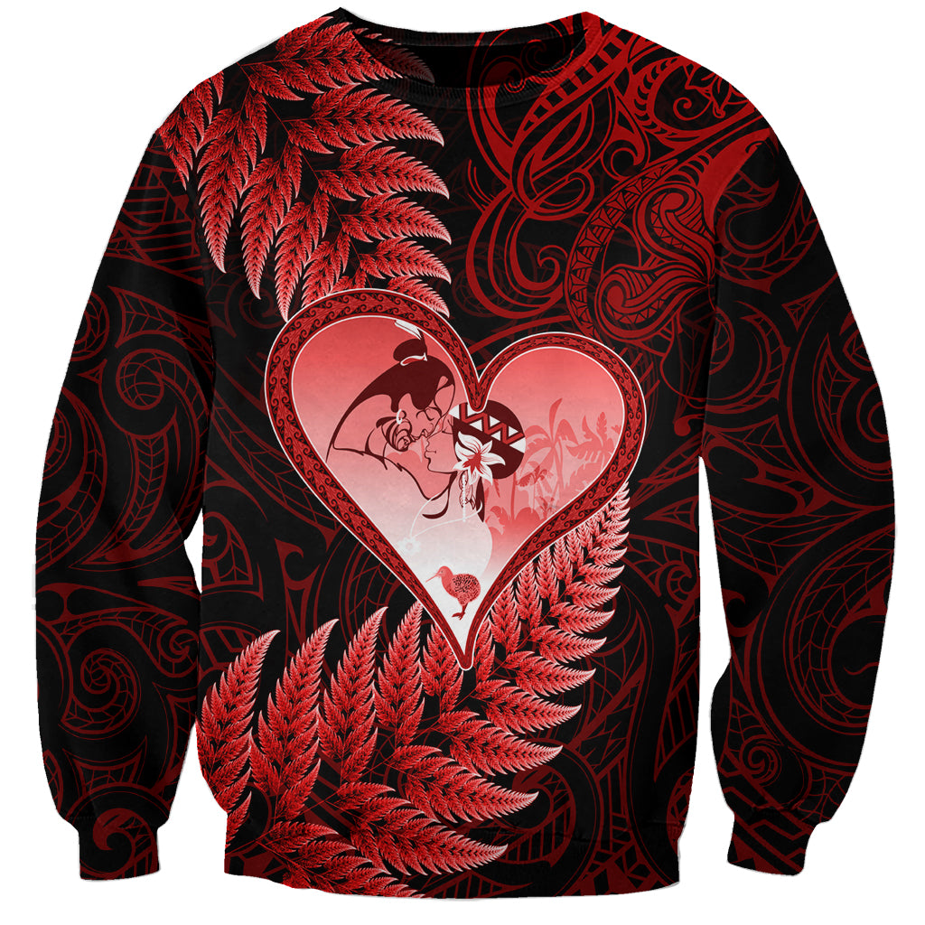 New Zealand Valentine Day Sweatshirt Aotearoa Warrior and Woman Love Story Silver Fern Koru Red Style LT03 Unisex Red - Polynesian Pride