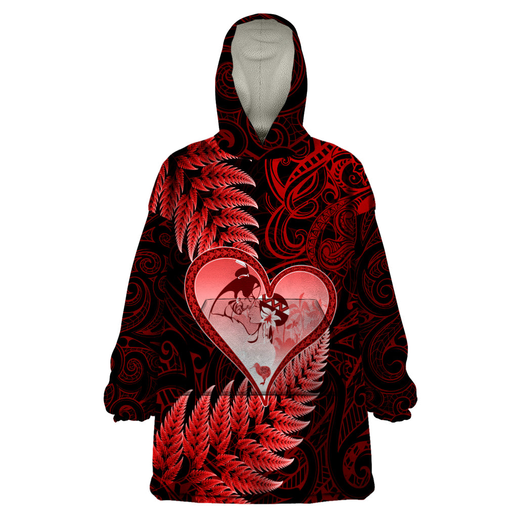 New Zealand Valentine Day Wearable Blanket Hoodie Aotearoa Warrior and Woman Love Story Silver Fern Koru Red Style LT03 One Size Red - Polynesian Pride