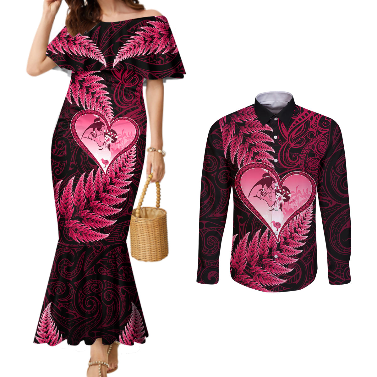 New Zealand Valentine Day Couples Matching Mermaid Dress and Long Sleeve Button Shirt Aotearoa Warrior Love Story Silver Fern Koru Pink Style LT03 Pink - Polynesian Pride