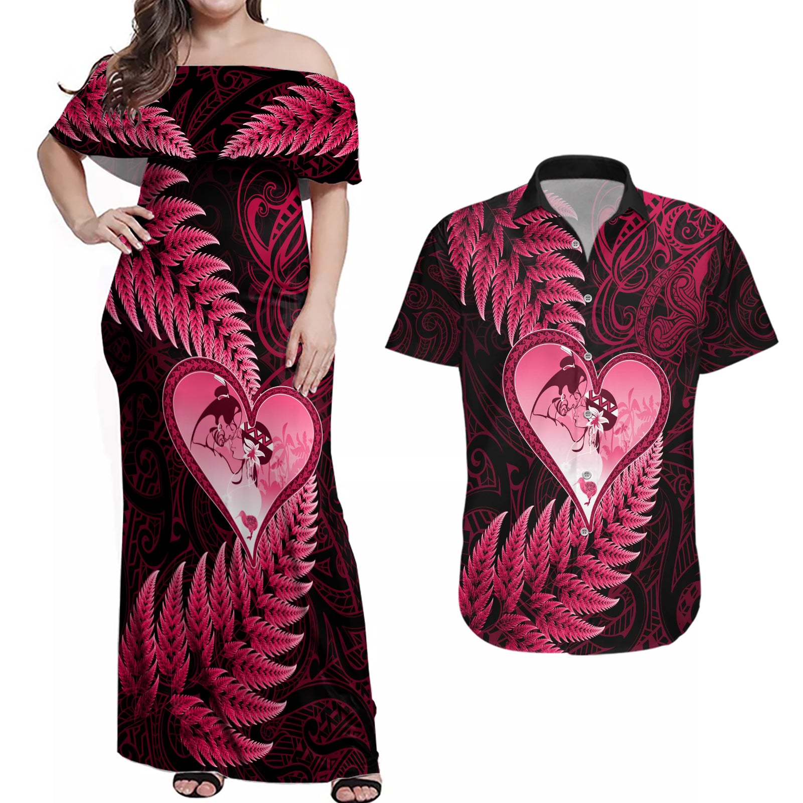 New Zealand Valentine Day Couples Matching Off Shoulder Maxi Dress and Hawaiian Shirt Aotearoa Warrior Love Story Silver Fern Koru Pink Style LT03 Pink - Polynesian Pride