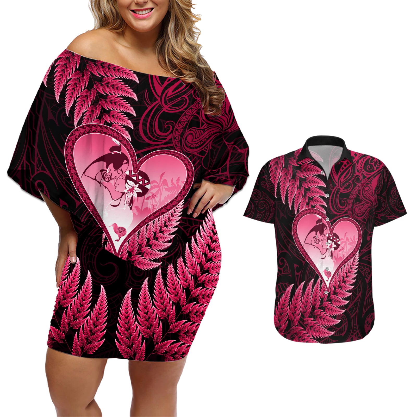 New Zealand Valentine Day Couples Matching Off Shoulder Short Dress and Hawaiian Shirt Aotearoa Warrior Love Story Silver Fern Koru Pink Style LT03 Pink - Polynesian Pride