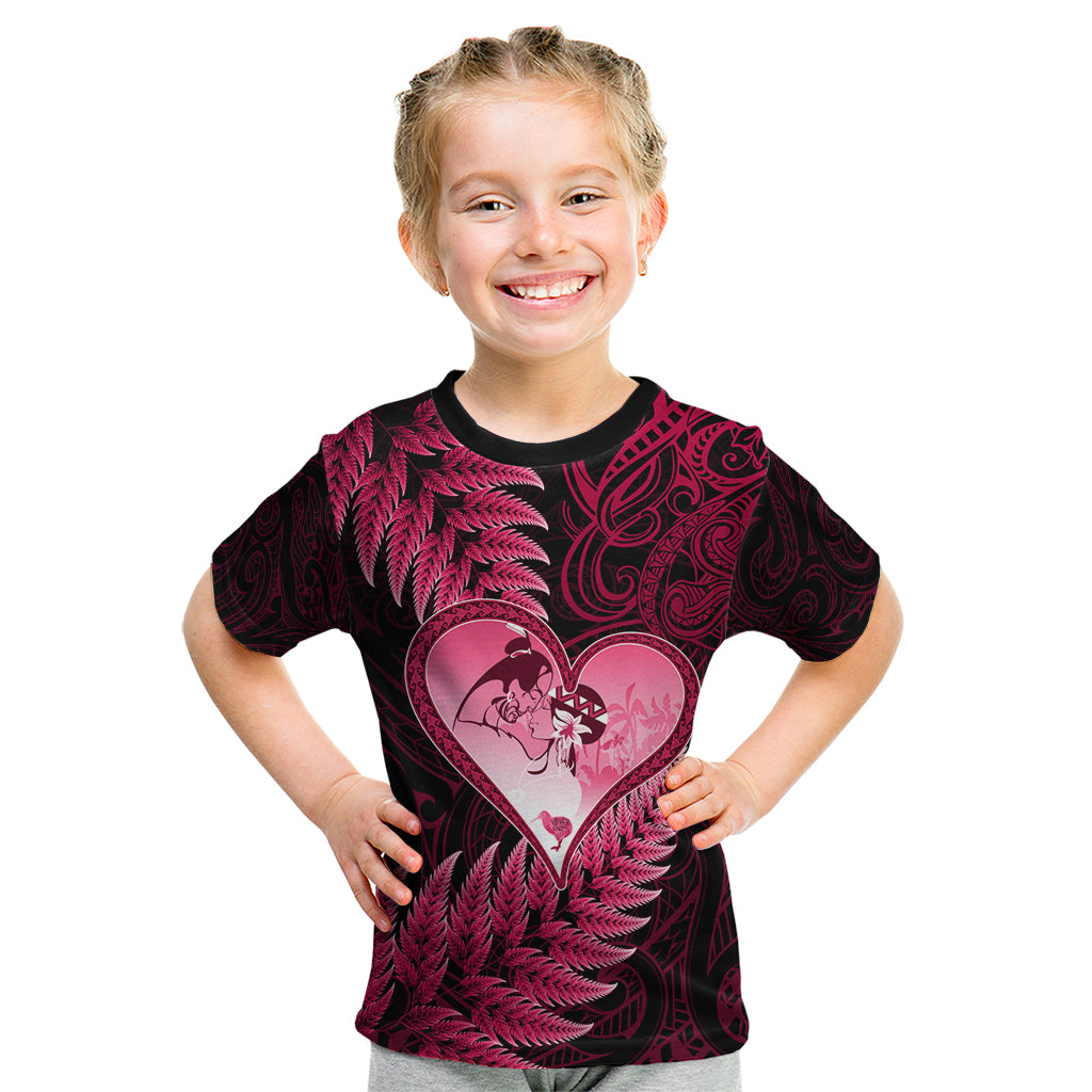 New Zealand Valentine Day Kid T Shirt Aotearoa Warrior Love Story Silver Fern Koru Pink Style LT03 Pink - Polynesian Pride