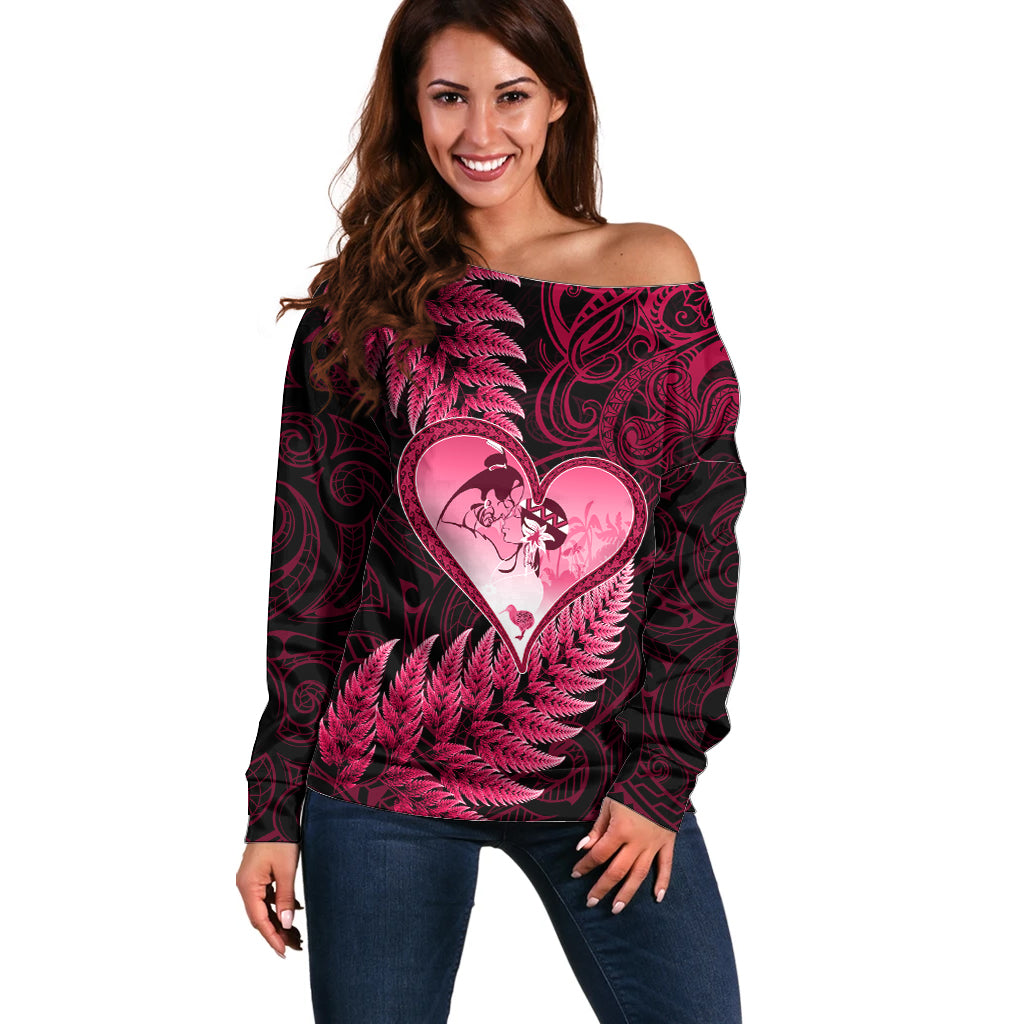 New Zealand Valentine Day Off Shoulder Sweater Aotearoa Warrior Love Story Silver Fern Koru Pink Style LT03 Women Pink - Polynesian Pride