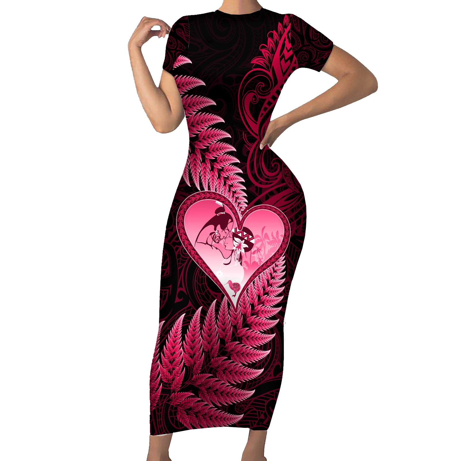 New Zealand Valentine Day Short Sleeve Bodycon Dress Aotearoa Warrior Love Story Silver Fern Koru Pink Style LT03 Long Dress Pink - Polynesian Pride