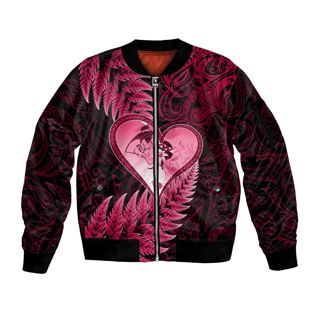 New Zealand Valentine Day Sleeve Zip Bomber Jacket Aotearoa Warrior Love Story Silver Fern Koru Pink Style LT03 Unisex Pink - Polynesian Pride