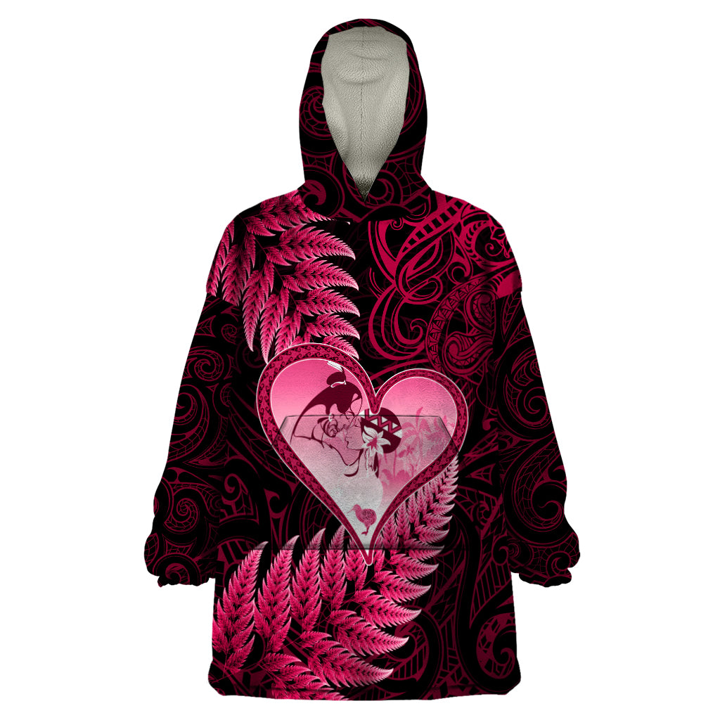 New Zealand Valentine Day Wearable Blanket Hoodie Aotearoa Warrior Love Story Silver Fern Koru Pink Style LT03 One Size Pink - Polynesian Pride