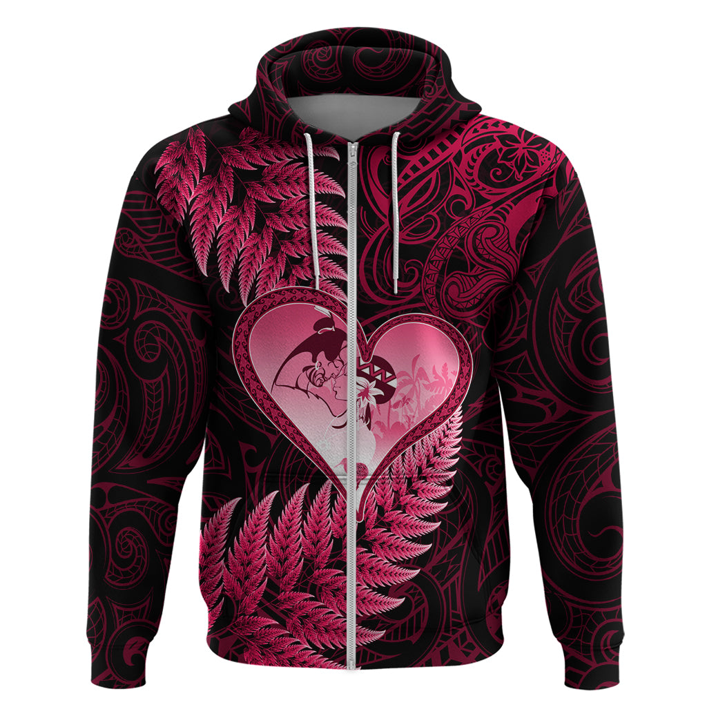 New Zealand Valentine Day Zip Hoodie Aotearoa Warrior Love Story Silver Fern Koru Pink Style LT03 Zip Hoodie Pink - Polynesian Pride