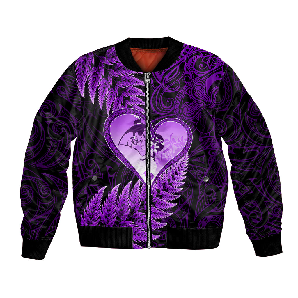 New Zealand Valentine Day Bomber Jacket Aotearoa Warrior Love Story Silver Fern Koru Purple Style LT03 Unisex Purple - Polynesian Pride