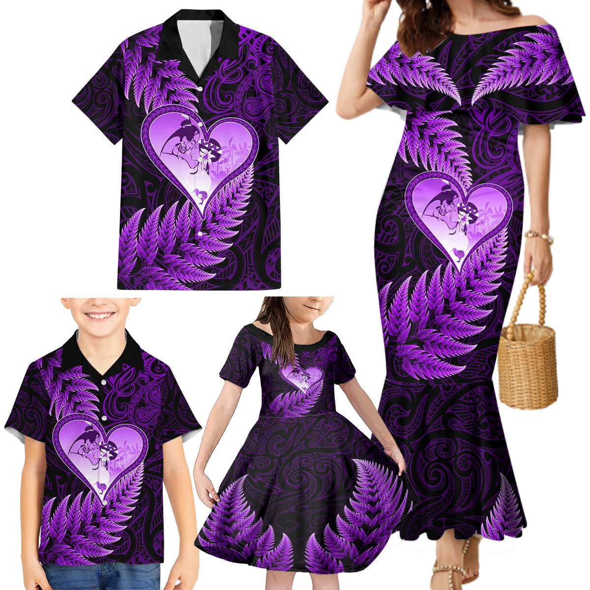 New Zealand Valentine Day Family Matching Mermaid Dress and Hawaiian Shirt Aotearoa Warrior Love Story Silver Fern Koru Purple Style LT03 - Polynesian Pride