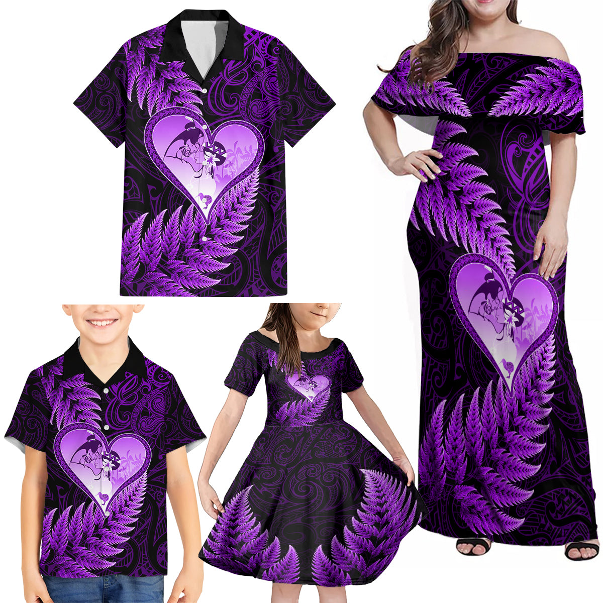 New Zealand Valentine Day Family Matching Off Shoulder Maxi Dress and Hawaiian Shirt Aotearoa Warrior Love Story Silver Fern Koru Purple Style LT03 - Polynesian Pride