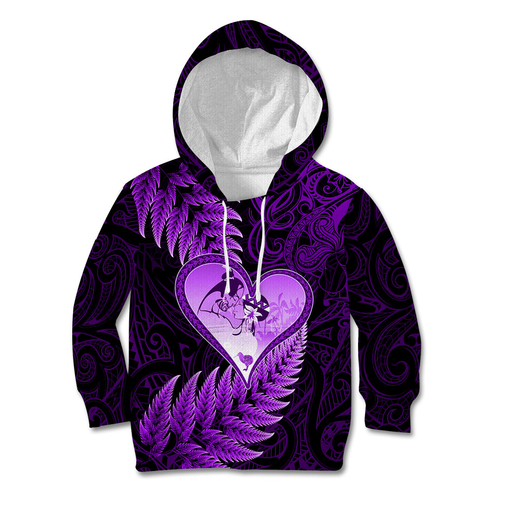 New Zealand Valentine Day Kid Hoodie Aotearoa Warrior Love Story Silver Fern Koru Purple Style LT03 Hoodie Purple - Polynesian Pride