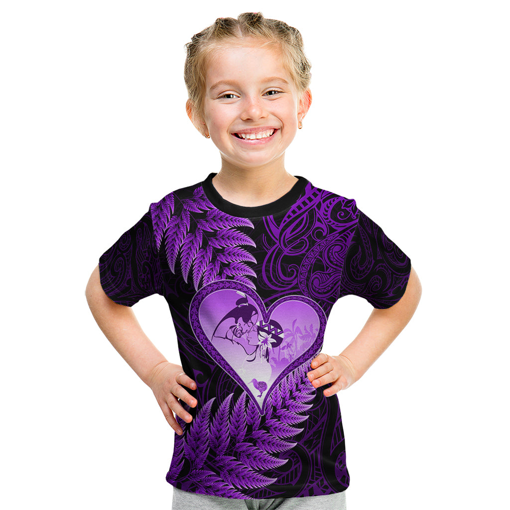 New Zealand Valentine Day Kid T Shirt Aotearoa Warrior Love Story Silver Fern Koru Purple Style LT03 Purple - Polynesian Pride