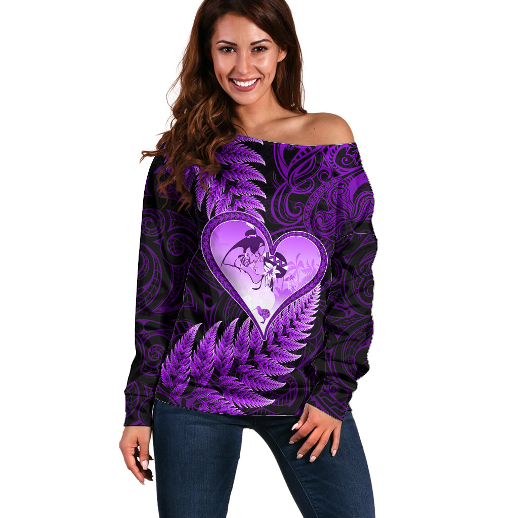 New Zealand Valentine Day Off Shoulder Sweater Aotearoa Warrior Love Story Silver Fern Koru Purple Style LT03 Women Purple - Polynesian Pride