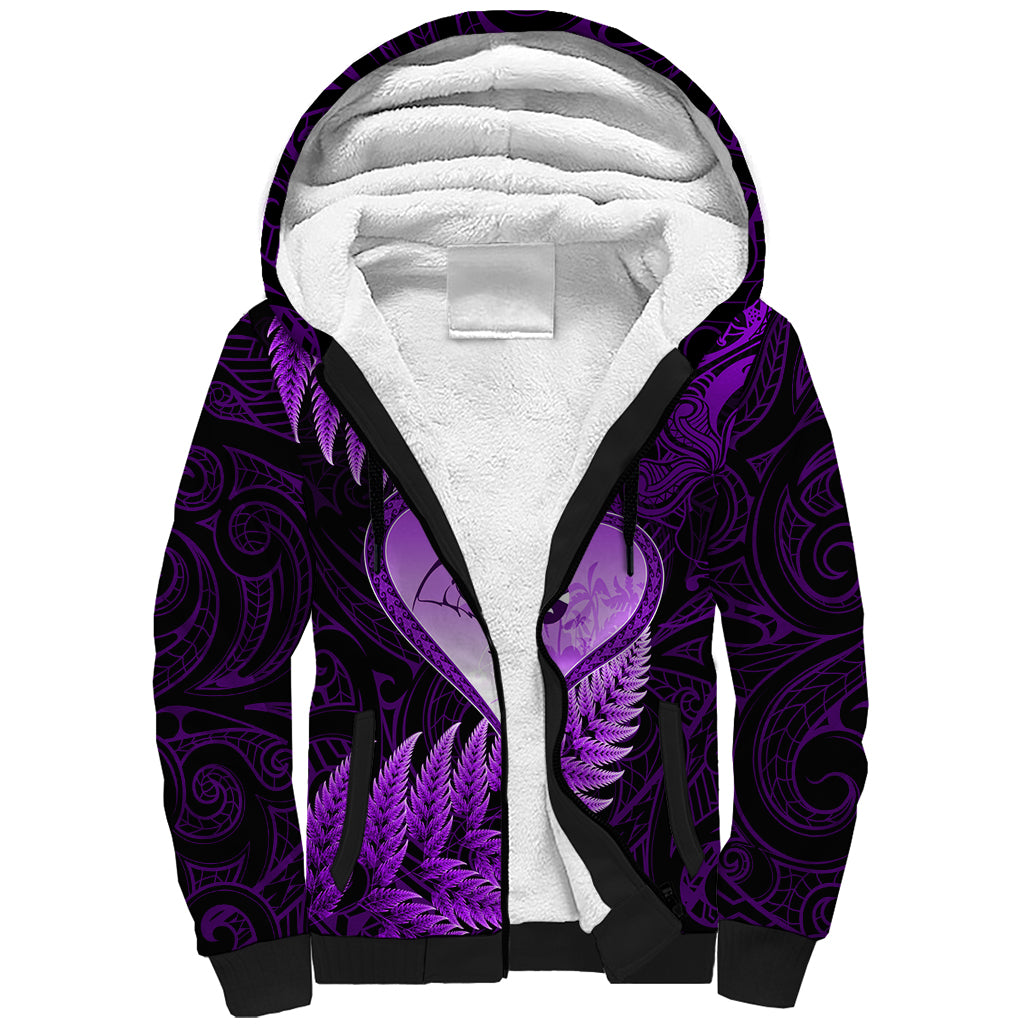 New Zealand Valentine Day Sherpa Hoodie Aotearoa Warrior Love Story Silver Fern Koru Purple Style LT03 Unisex Purple - Polynesian Pride