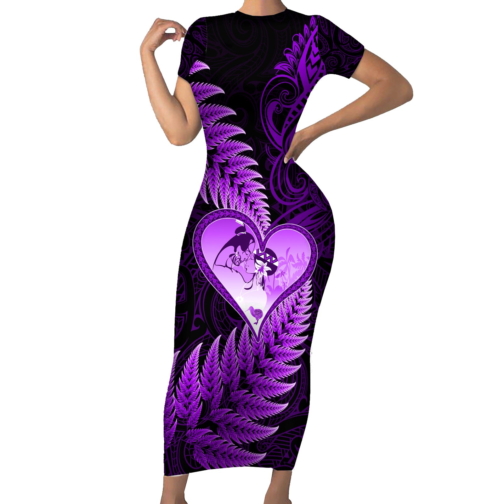 New Zealand Valentine Day Short Sleeve Bodycon Dress Aotearoa Warrior Love Story Silver Fern Koru Purple Style LT03 Long Dress Purple - Polynesian Pride