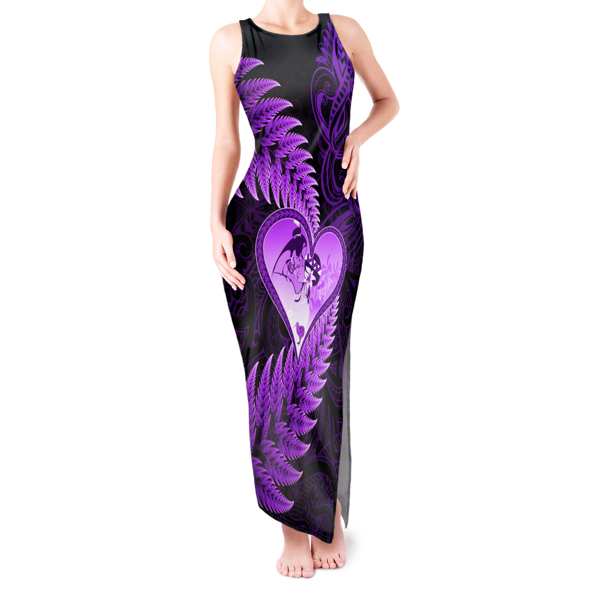 New Zealand Valentine Day Tank Maxi Dress Aotearoa Warrior Love Story Silver Fern Koru Purple Style LT03 Women Purple - Polynesian Pride