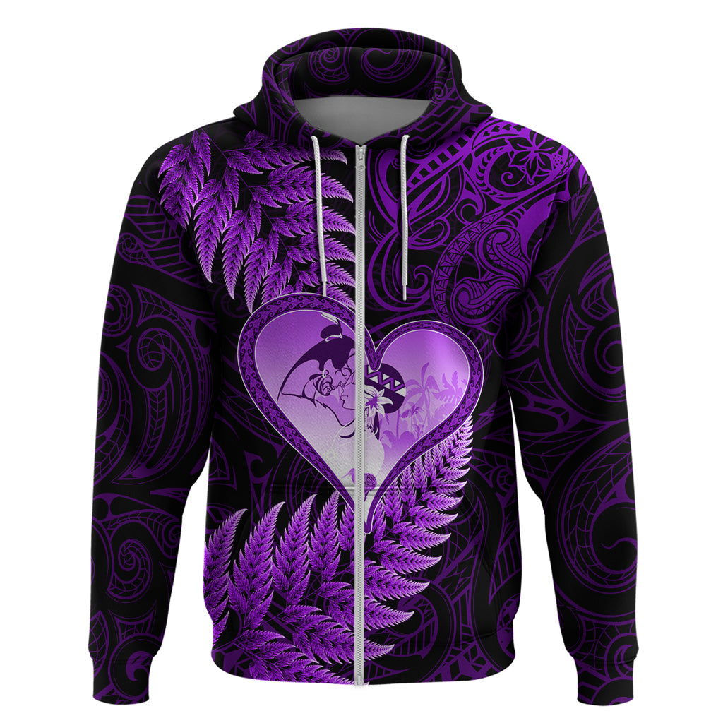 New Zealand Valentine Day Zip Hoodie Aotearoa Warrior Love Story Silver Fern Koru Purple Style LT03 Zip Hoodie Purple - Polynesian Pride