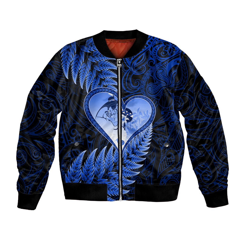 New Zealand Valentine Day Bomber Jacket Aotearoa Warrior Love Story Silver Fern Koru Blue Style LT03 Unisex Blue - Polynesian Pride