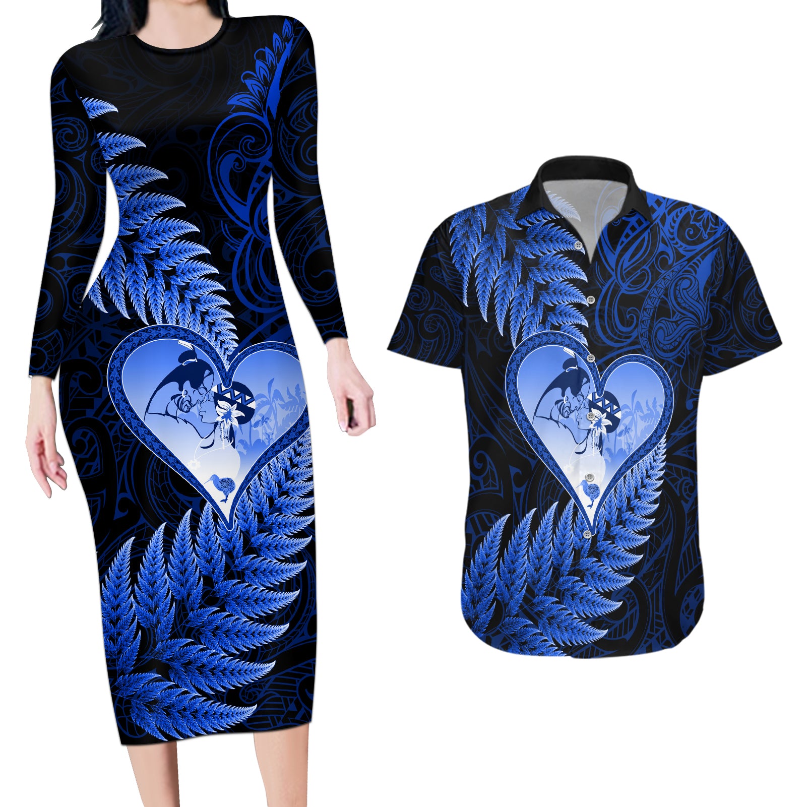 New Zealand Valentine Day Couples Matching Long Sleeve Bodycon Dress and Hawaiian Shirt Aotearoa Warrior Love Story Silver Fern Koru Blue Style LT03 Blue - Polynesian Pride