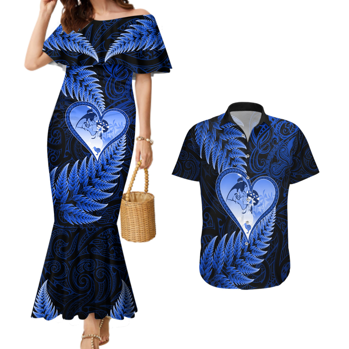 New Zealand Valentine Day Couples Matching Mermaid Dress and Hawaiian Shirt Aotearoa Warrior Love Story Silver Fern Koru Blue Style LT03 Blue - Polynesian Pride