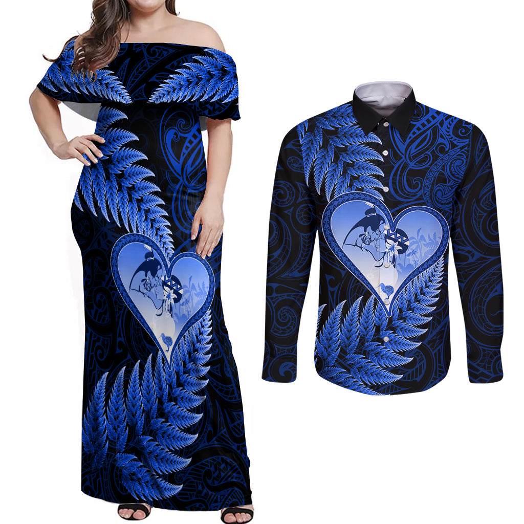 New Zealand Valentine Day Couples Matching Off Shoulder Maxi Dress and Long Sleeve Button Shirt Aotearoa Warrior Love Story Silver Fern Koru Blue Style LT03 Blue - Polynesian Pride