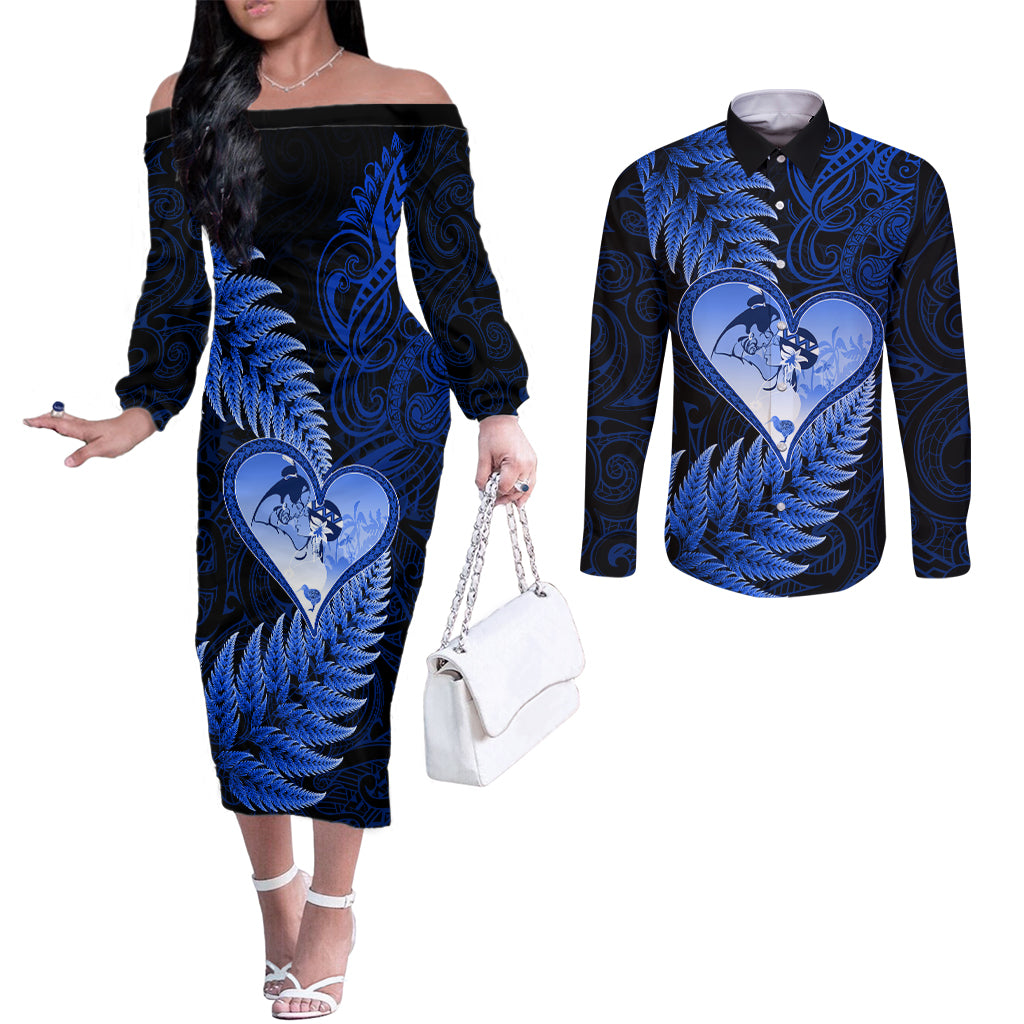 New Zealand Valentine Day Couples Matching Off The Shoulder Long Sleeve Dress and Long Sleeve Button Shirt Aotearoa Warrior Love Story Silver Fern Koru Blue Style LT03 Blue - Polynesian Pride