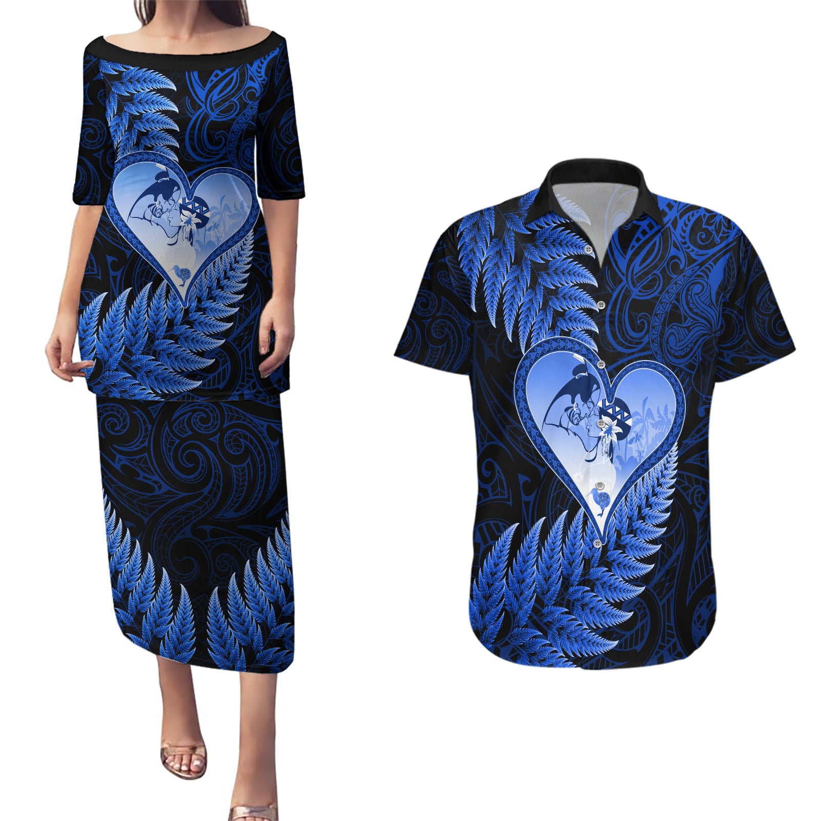 New Zealand Valentine Day Couples Matching Puletasi and Hawaiian Shirt Aotearoa Warrior Love Story Silver Fern Koru Blue Style LT03 Blue - Polynesian Pride