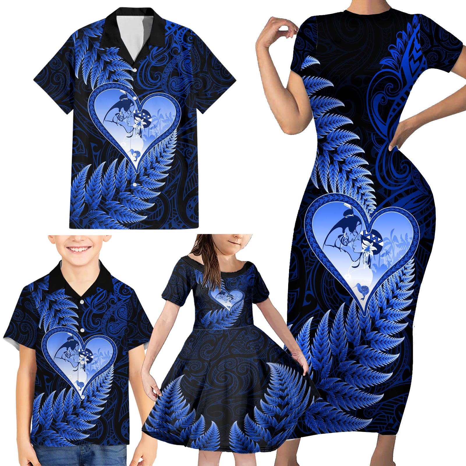 New Zealand Valentine Day Family Matching Short Sleeve Bodycon Dress and Hawaiian Shirt Aotearoa Warrior Love Story Silver Fern Koru Blue Style LT03 - Polynesian Pride