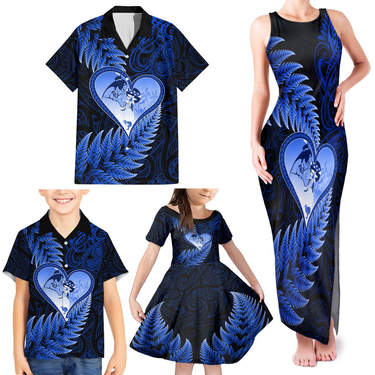 New Zealand Valentine Day Family Matching Tank Maxi Dress and Hawaiian Shirt Aotearoa Warrior Love Story Silver Fern Koru Blue Style LT03 - Polynesian Pride