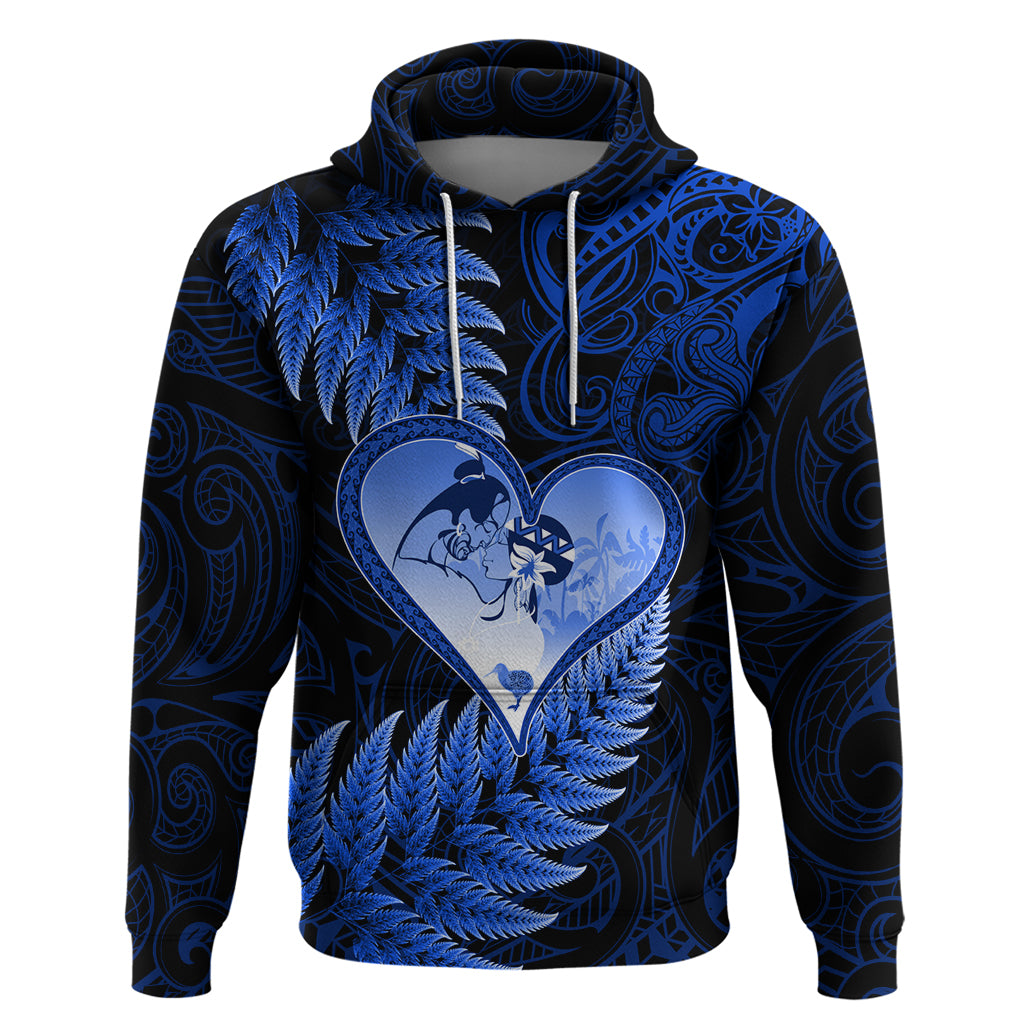 New Zealand Valentine Day Hoodie Aotearoa Warrior Love Story Silver Fern Koru Blue Style LT03 Pullover Hoodie Blue - Polynesian Pride