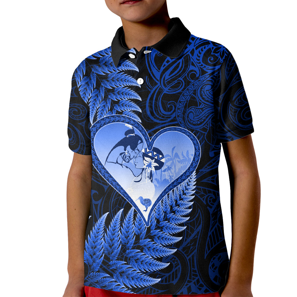 New Zealand Valentine Day Kid Polo Shirt Aotearoa Warrior Love Story Silver Fern Koru Blue Style LT03 Kid Blue - Polynesian Pride