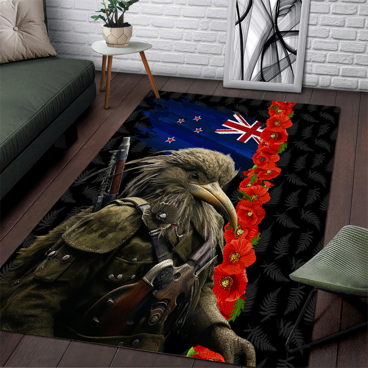 New Zealand Kiwi Soldier ANZAC Area Rug Red Poppy Flower and Silver Fern Pattern LT03 Black - Polynesian Pride