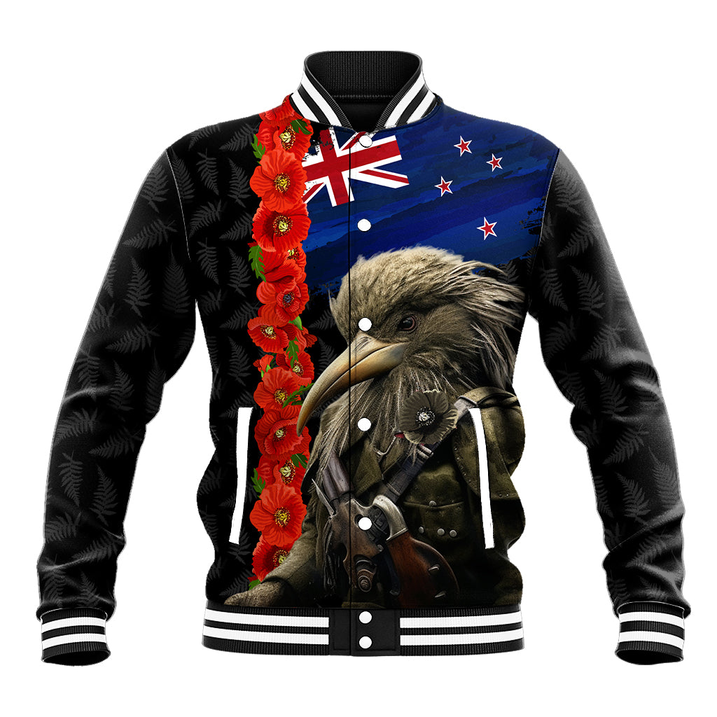 New Zealand Kiwi Soldier ANZAC Baseball Jacket Red Poppy Flower and Silver Fern Pattern LT03 Unisex Black - Polynesian Pride