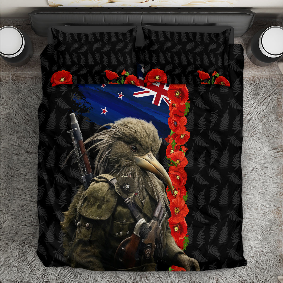 New Zealand Kiwi Soldier ANZAC Bedding Set Red Poppy Flower and Silver Fern Pattern LT03 Black - Polynesian Pride