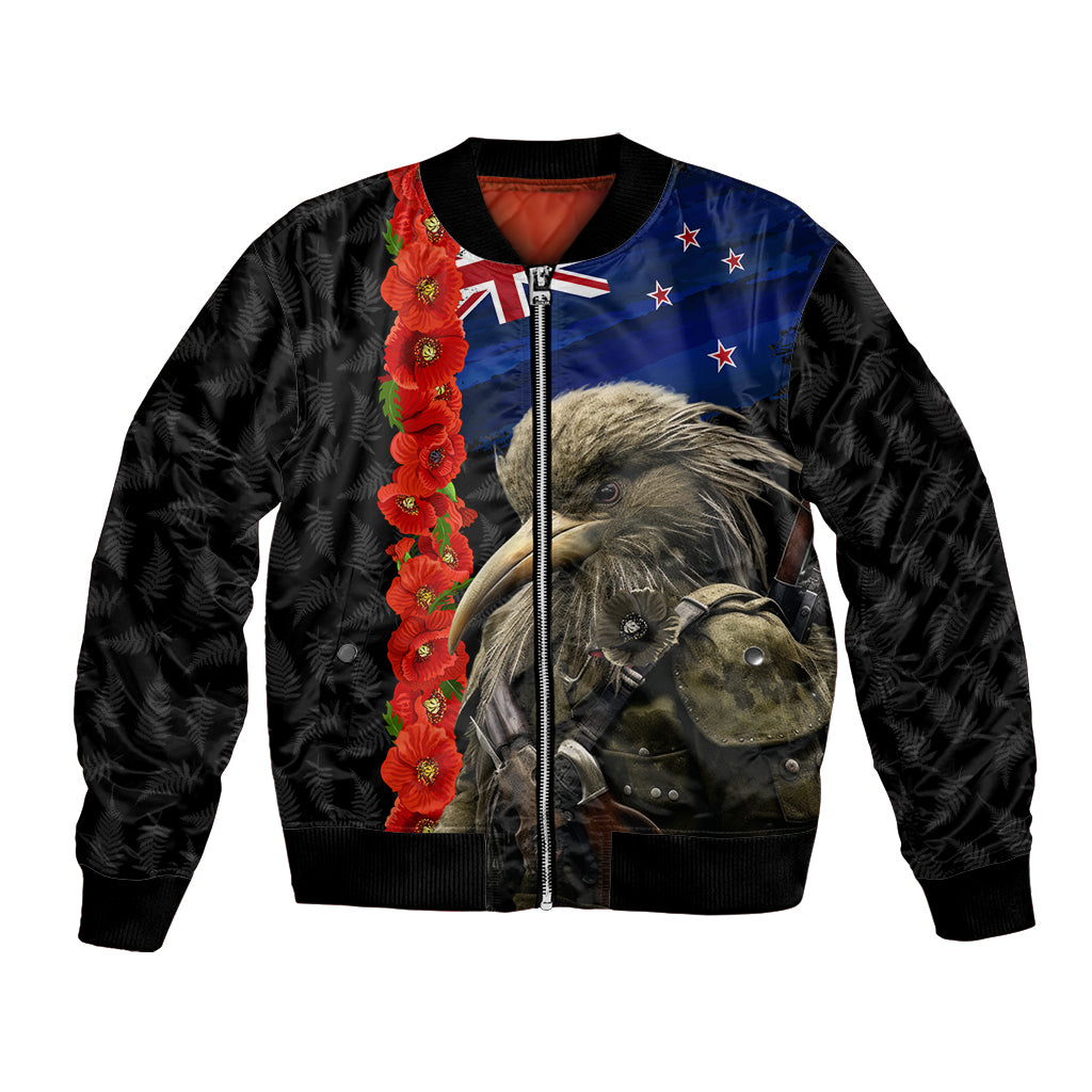 New Zealand Kiwi Soldier ANZAC Bomber Jacket Red Poppy Flower and Silver Fern Pattern LT03 Unisex Black - Polynesian Pride