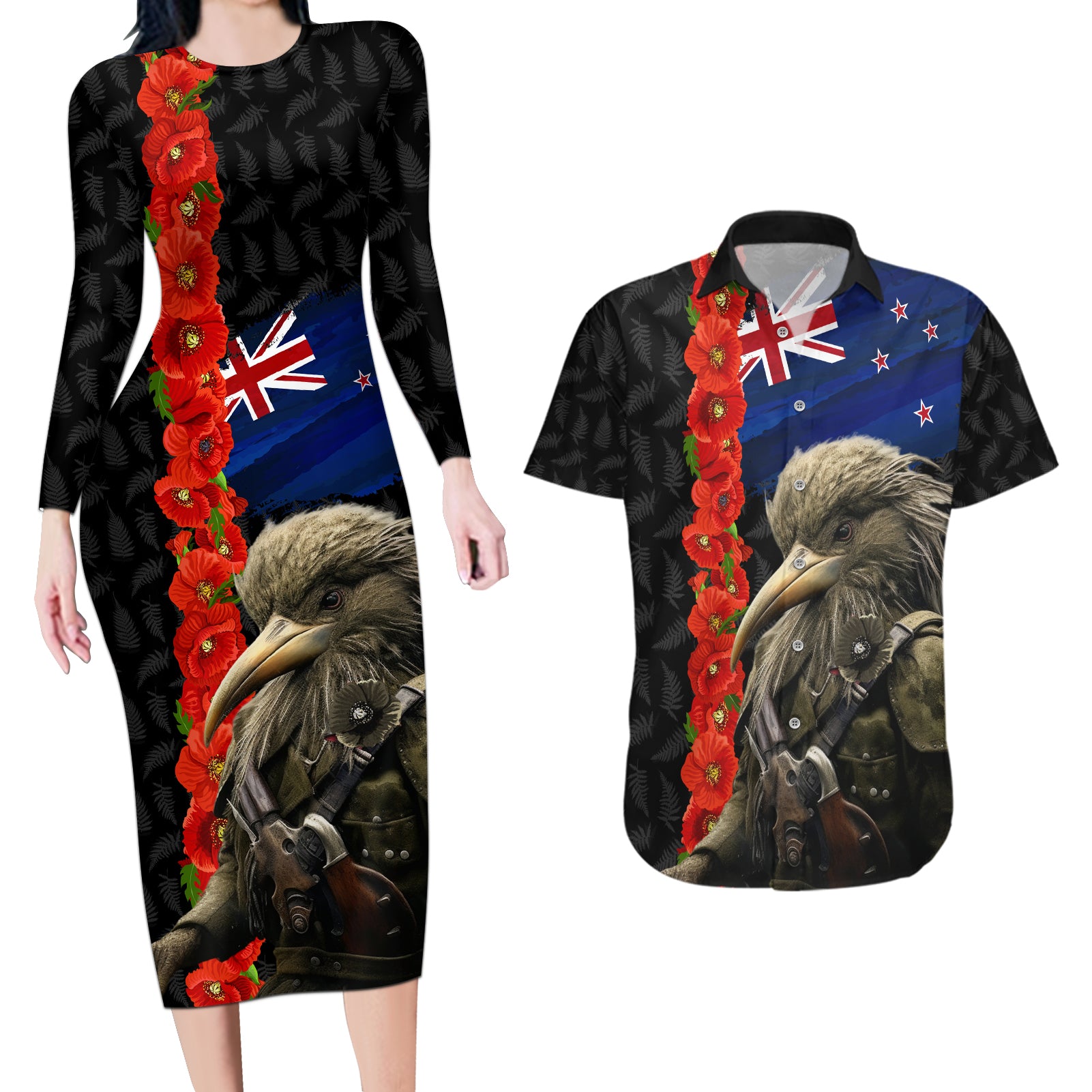 New Zealand Kiwi Soldier ANZAC Couples Matching Long Sleeve Bodycon Dress and Hawaiian Shirt Red Poppy Flower and Silver Fern Pattern LT03 Black - Polynesian Pride