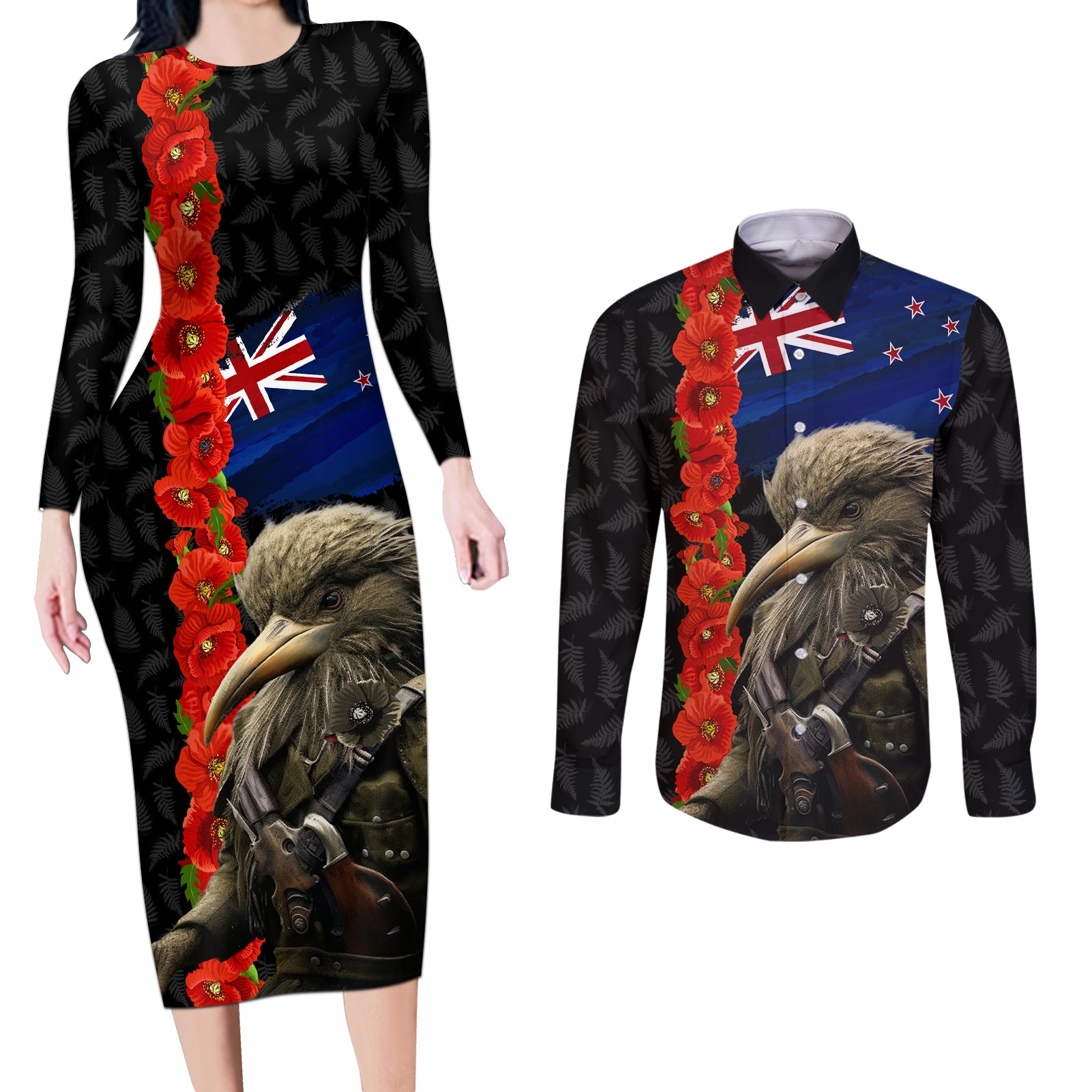 New Zealand Kiwi Soldier ANZAC Couples Matching Long Sleeve Bodycon Dress and Long Sleeve Button Shirt Red Poppy Flower and Silver Fern Pattern LT03 Black - Polynesian Pride