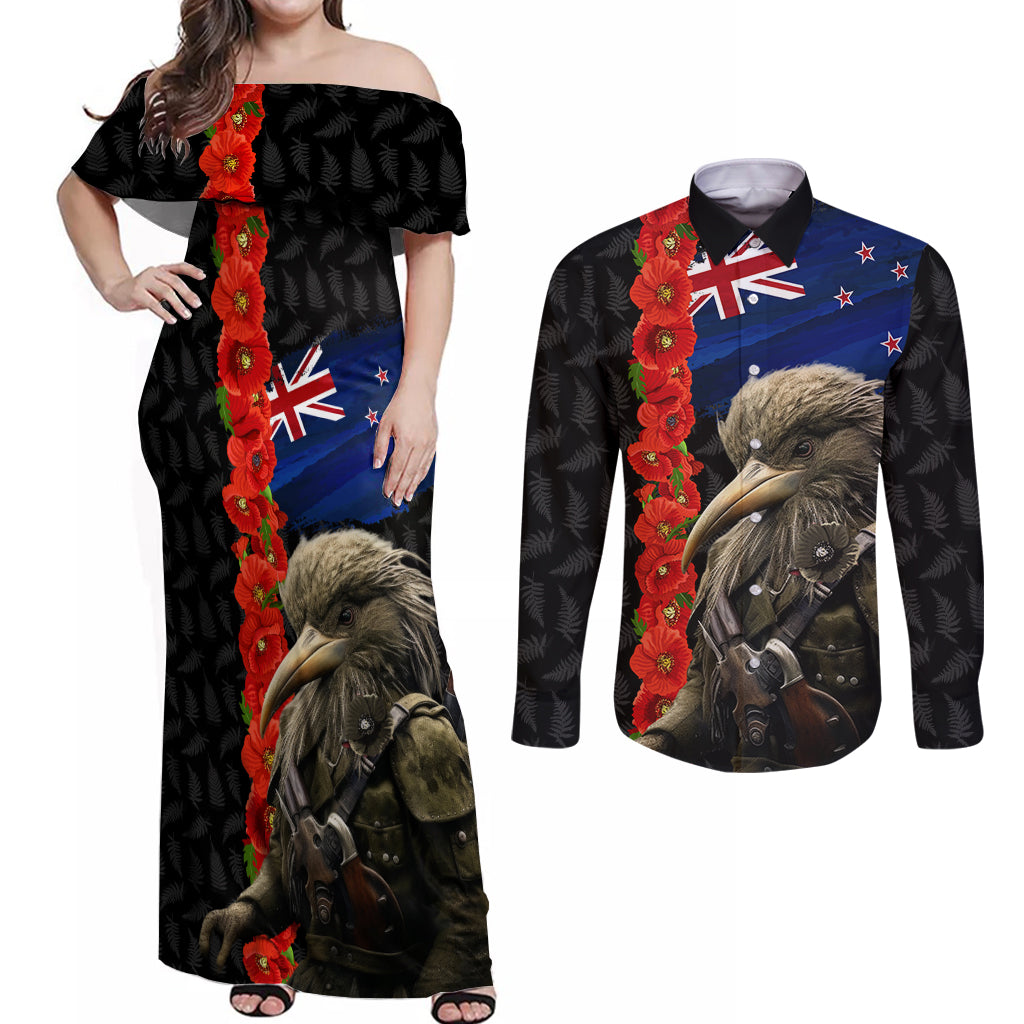 New Zealand Kiwi Soldier ANZAC Couples Matching Off Shoulder Maxi Dress and Long Sleeve Button Shirt Red Poppy Flower and Silver Fern Pattern LT03 Black - Polynesian Pride