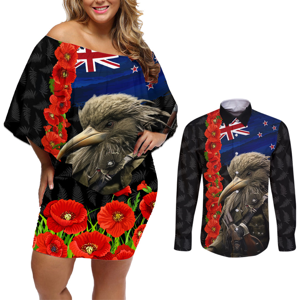 New Zealand Kiwi Soldier ANZAC Couples Matching Off Shoulder Short Dress and Long Sleeve Button Shirt Red Poppy Flower and Silver Fern Pattern LT03 Black - Polynesian Pride