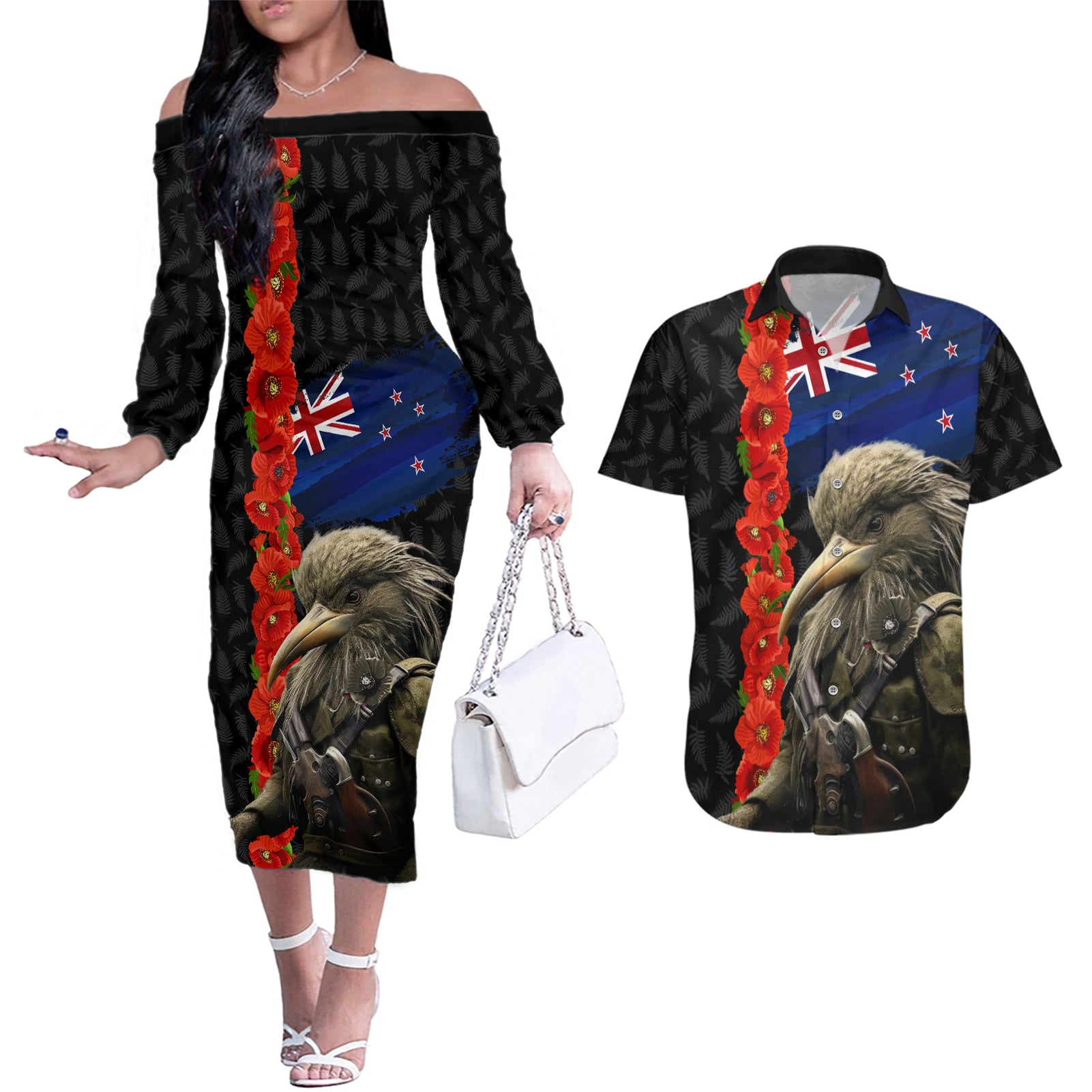 New Zealand Kiwi Soldier ANZAC Couples Matching Off The Shoulder Long Sleeve Dress and Hawaiian Shirt Red Poppy Flower and Silver Fern Pattern LT03 Black - Polynesian Pride