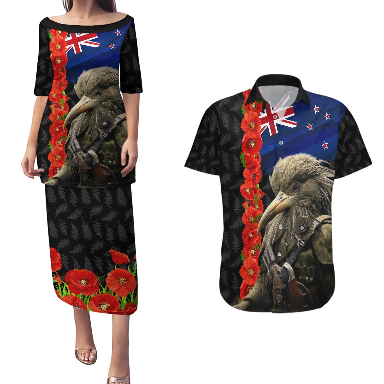 New Zealand Kiwi Soldier ANZAC Couples Matching Puletasi and Hawaiian Shirt Red Poppy Flower and Silver Fern Pattern LT03 Black - Polynesian Pride